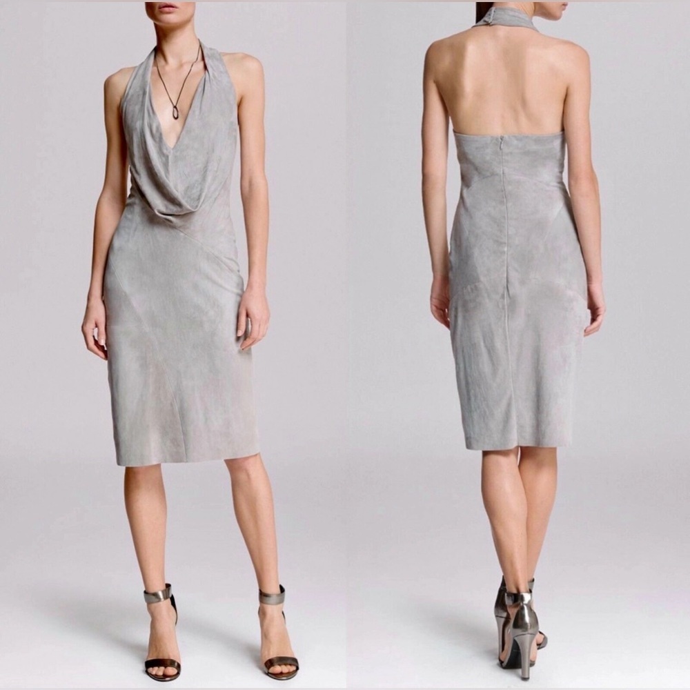 Nwt Halston Heritage Midi Dress Sleeveless Cowlneck Halter 100% Lamb Suede Sz 6